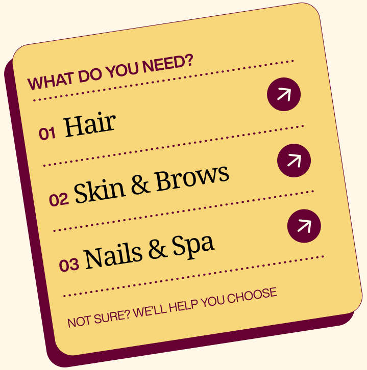 Checklist: Hair, Skin &amp; Brows, Nails &amp; Spa — not sure? we'll help you choose